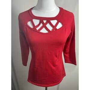 Questions Pullover Sweater Small Red Stretch 3/4 Sleeves NEW 155